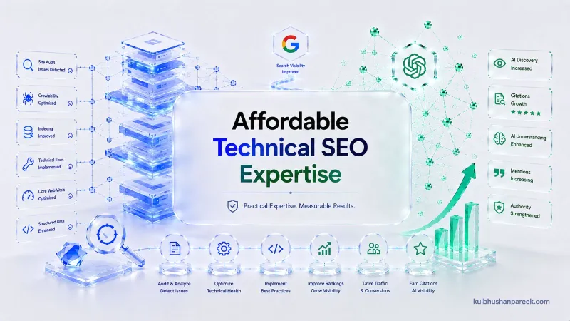 Affordable technical SEO workflow by Kulbhushan Pareek: site audit and crawlability fixes, indexing, Core Web Vitals and structured data feeding AI discovery, citations and authority growth