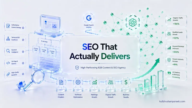 B2B content and SEO agency results showing a pillar and cluster page architecture driving 156 percent organic traffic growth, 127 percent qualified lead growth, 203 percent keyword ranking improvement and 89 percent domain authority increase