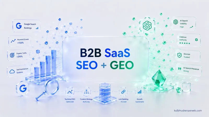 B2B SaaS SEO and GEO framework showing 156 percent keyword growth and 210 percent organic traffic growth from technical SEO, content strategy, link building and AI search citations