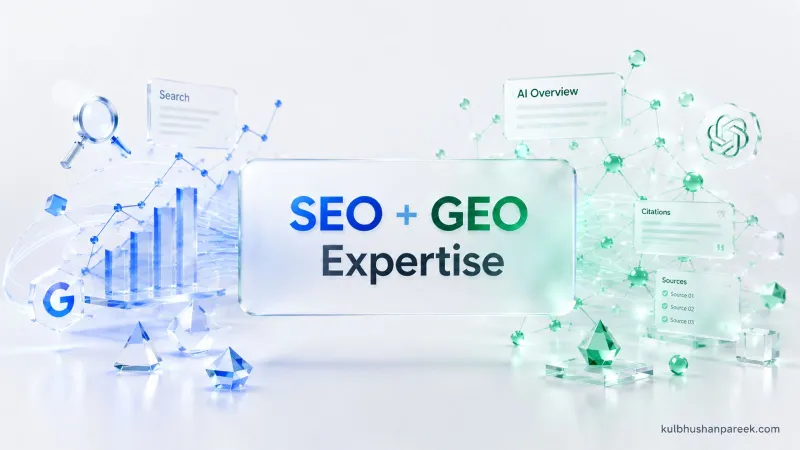 SEO and GEO expertise by Kulbhushan Pareek, digital marketer in Jaipur, connecting Google Search rankings and analytics on the left to AI Overview citations and trusted sources on the right