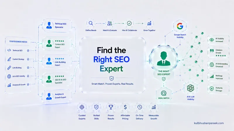 How SEO freelancer platforms match business needs to the right specialist, routing technical SEO, content strategy, link building, GEO and analytics requirements to curated verified experts