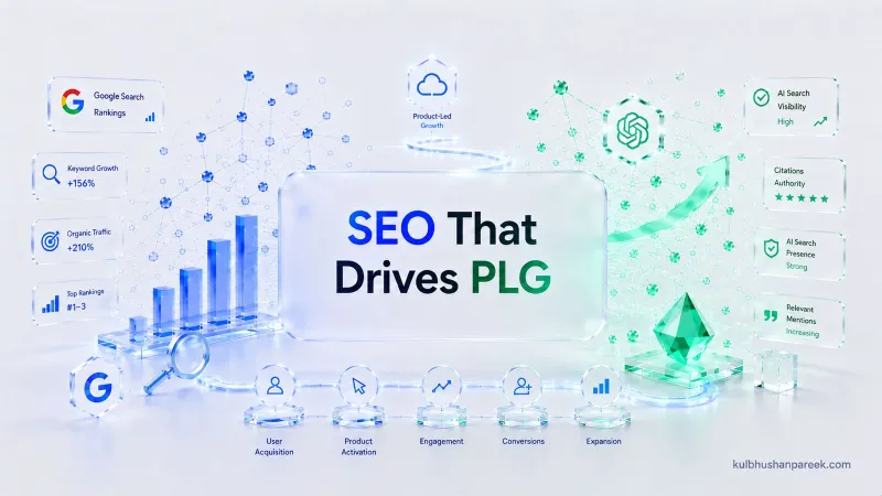 SaaS SEO for product-led growth showing a funnel from user acquisition and product activation through engagement, conversions and expansion, alongside 156 percent keyword growth and strong AI search presence