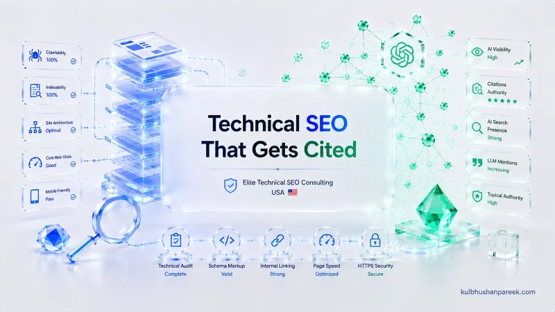 Elite technical SEO consulting in the USA showing 100 percent crawlability and indexability, optimal site architecture, schema markup, internal linking, page speed and HTTPS security driving AI visibility and citations