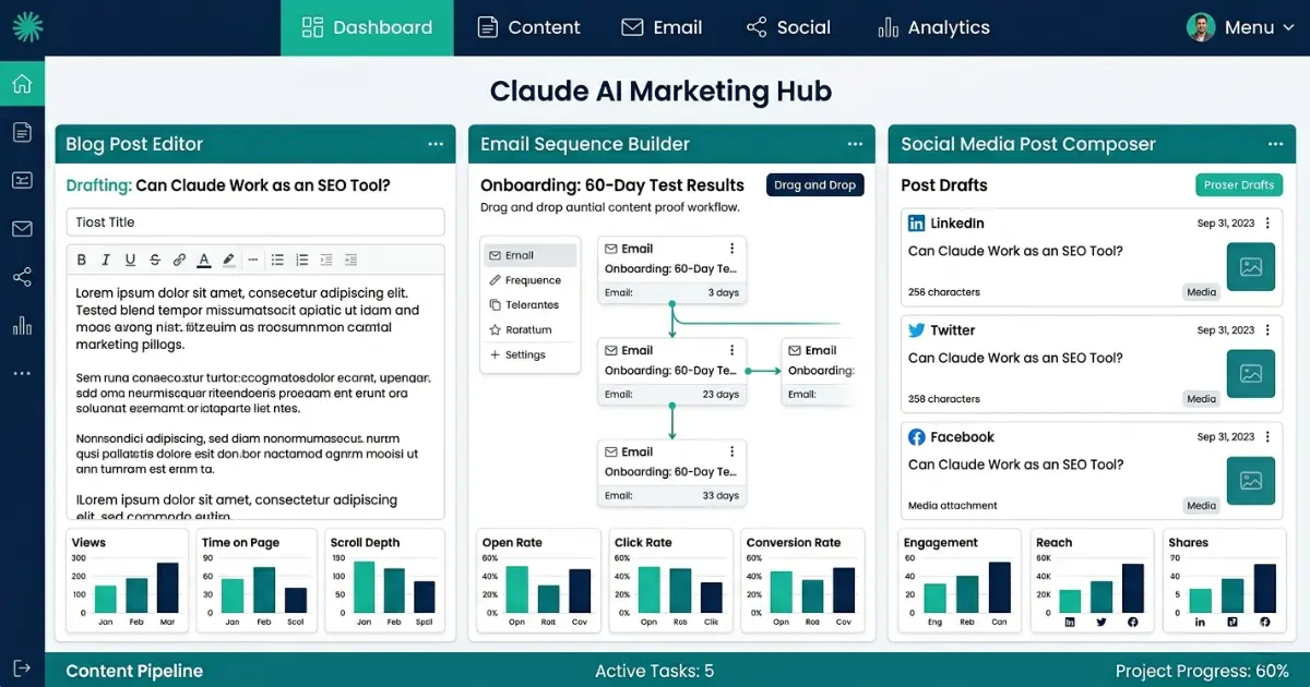 Claude skills for content marketing showing blog production email sequences landing page copy and social content workflows