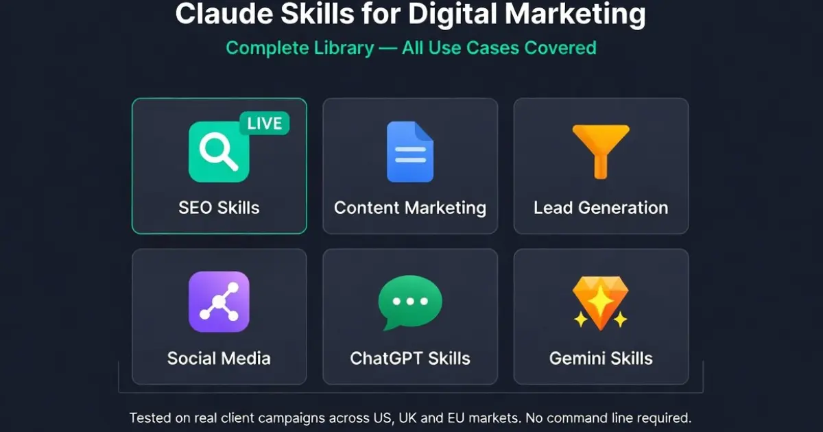 Claude skills for digital marketing complete library showing SEO content marketing lead generation and social media skill categories