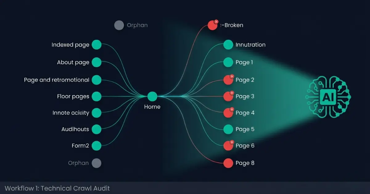 Technical SEO crawl visualization showing healthy indexed pages in teal, error pages in red, and orphan pages in gray