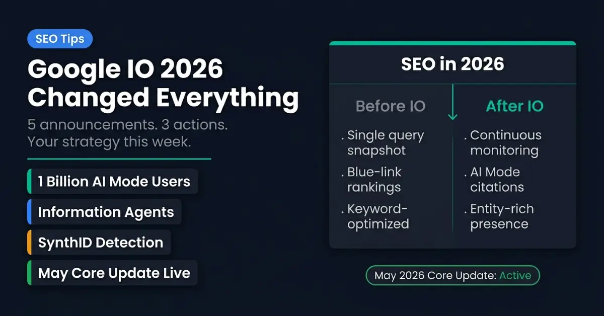Google IO 2026 SEO strategy guide - AI Mode, Information Agents, SynthID, and May 2026 core update